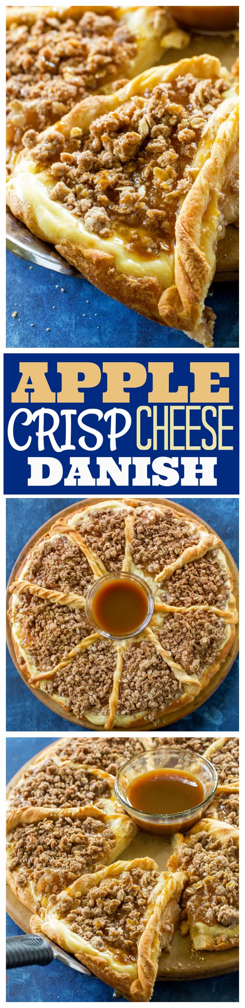 This Apple Crisp Cheese Danish recipe is a creamy cheesecake filling with a lots of oat and cinnamon topping piled on top of crescent dough. the-girl-who-ate-everything.com
