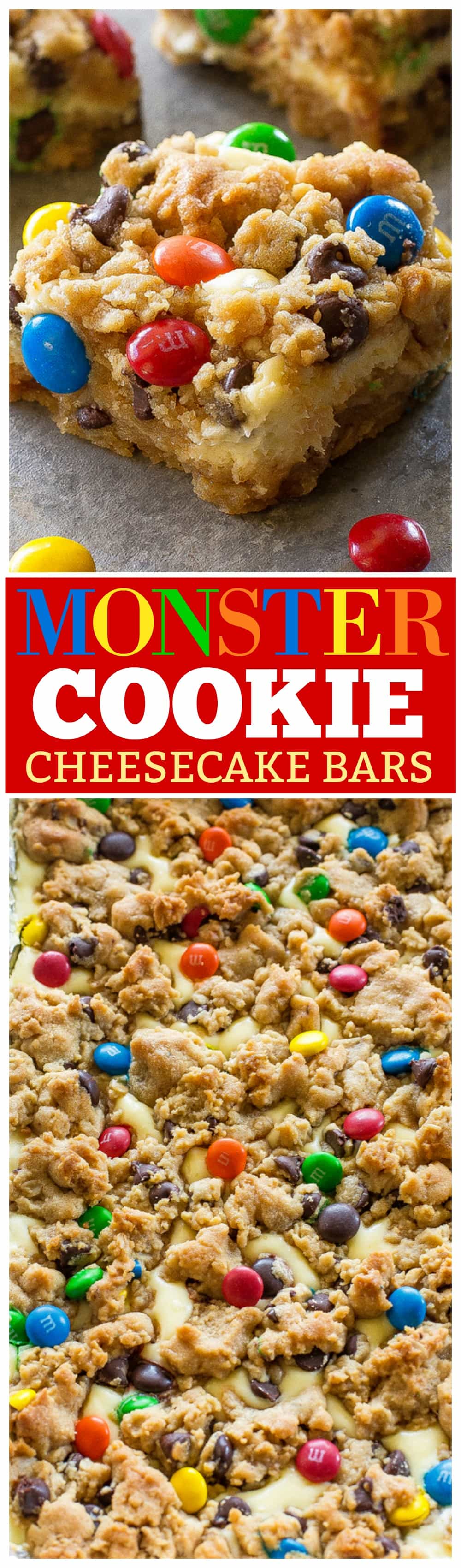These Monster Cookie Cheesecake Bars have a layer of peanut butter, chocolate chips, oats, and M&M cookie bar with a layer of cheesecake in the middle. #monster #cookie #bars #cheesecake #dessert
