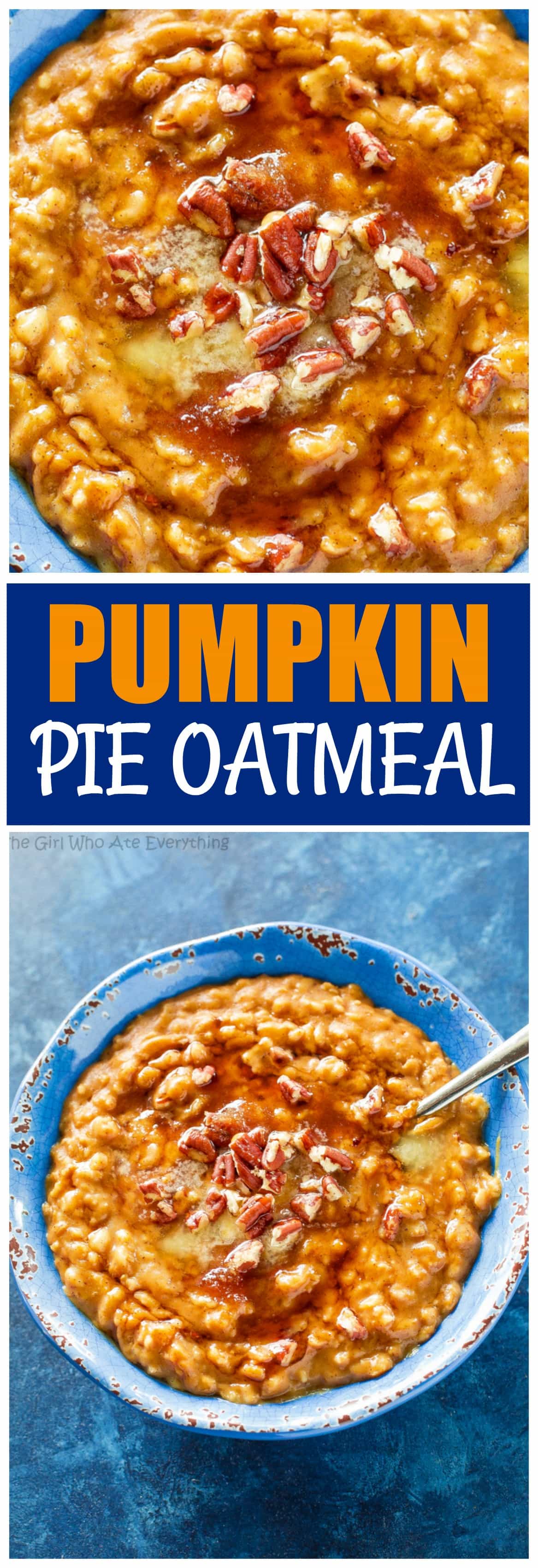 This Pumpkin Pie Oatmeal is a fast and easy fall breakfast full of pumpkin spice. Top with pecans and a drizzle of maple syrup for a real treat. #pumpkin #pie #oatmeal #fall #breakfast