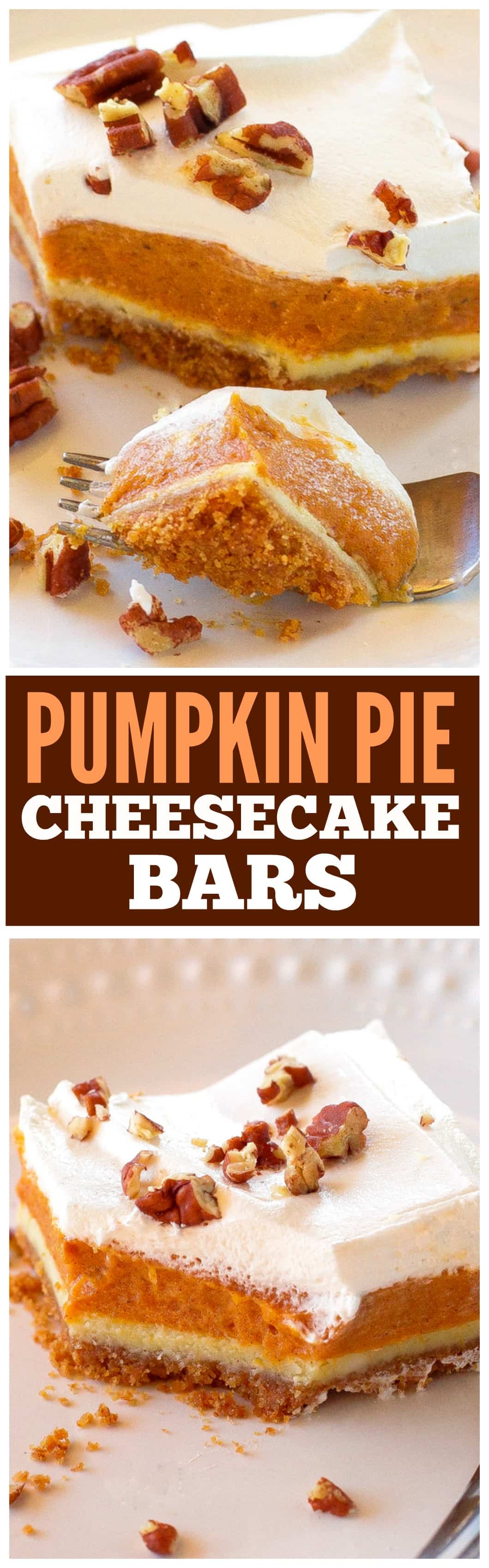 Pumpkin Pie Cheesecake Bars - A thick layer of graham cracker crust, creamy cheesecake, and spice pumpkin pie flavored filling. the-girl-who-ate-everything.com