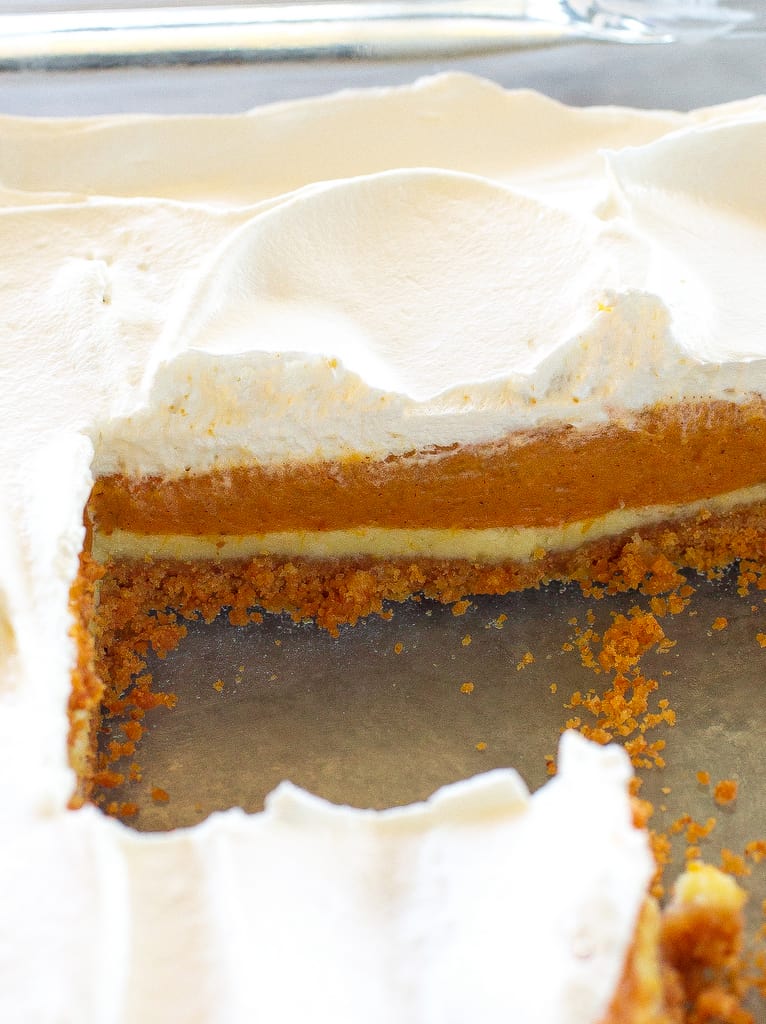 Pumpkin Pie Cheesecake Bars - A thick layer of graham cracker crust, creamy cheesecake, and spicy pumpkin pie flavored filling. the-girl-who-ate-everything.com