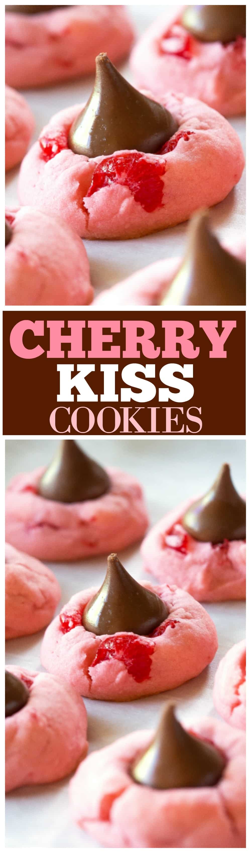 These Cherry Kiss Cookies are sweet cherry almond cookies with a chocolate Hershey kiss in the middle. Great for Christmas cookie plates. #christmas #cookie #recipe #cherry #kiss #dessert