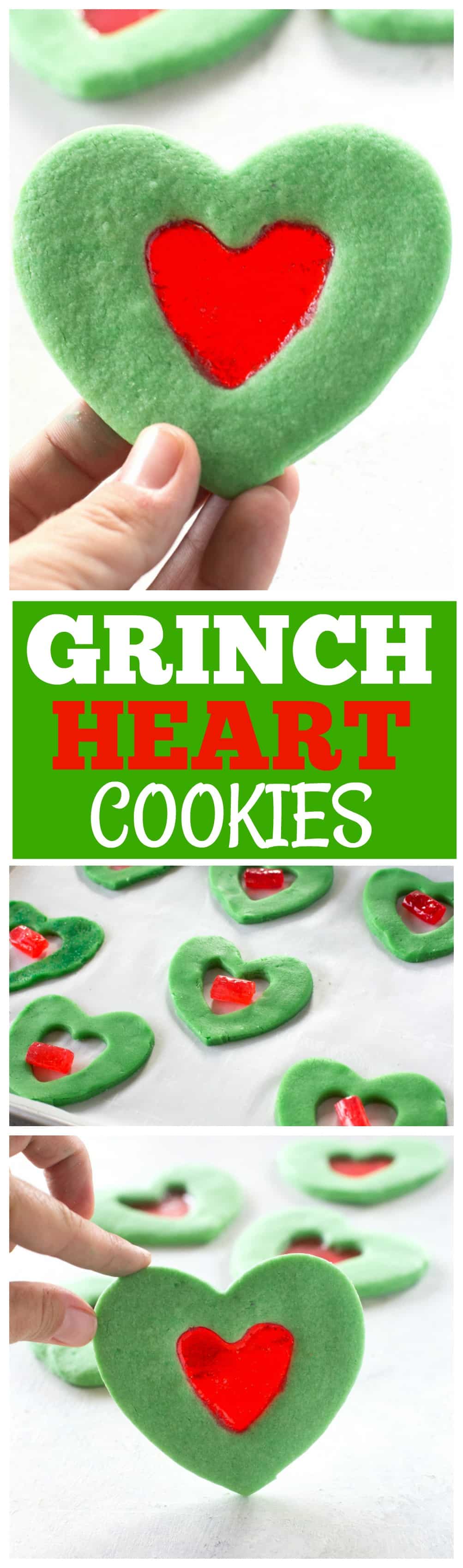 These Grinch Heart Cookies are magical little treats that you can make at Christmas with your kids. Sugar cookies dyed green with a stained glass red heart in the middle. #christmas #grinch #heart #cookies #dessert #sugar 