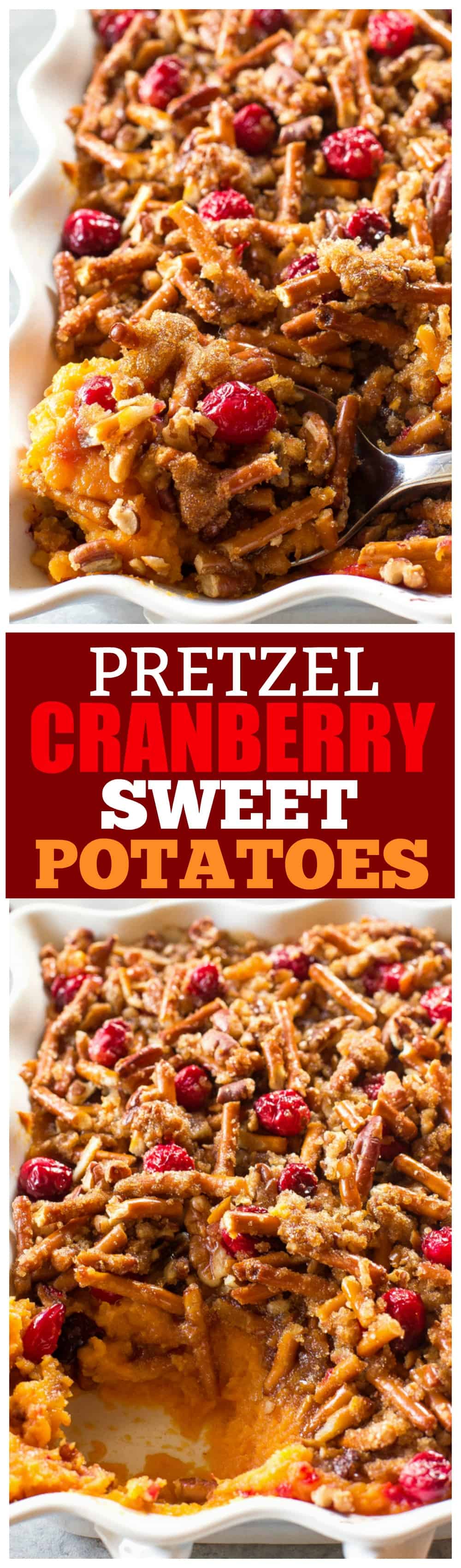 Pretzel Cranberry Sweet Potatoes - sweet potatoes topped with a sweet brown sugar pretzel topping and tart cranberries. #pretzel #cranberry #sweet #potatoes #sidedish