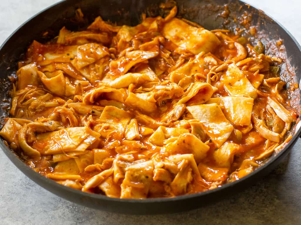 One Pan Chicken Enchilada Skillet enchilada sauce, chicken, tortillas, and salsa