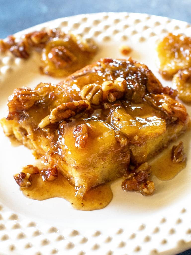 Baked Bananas Foster French Toast Slice on a plate