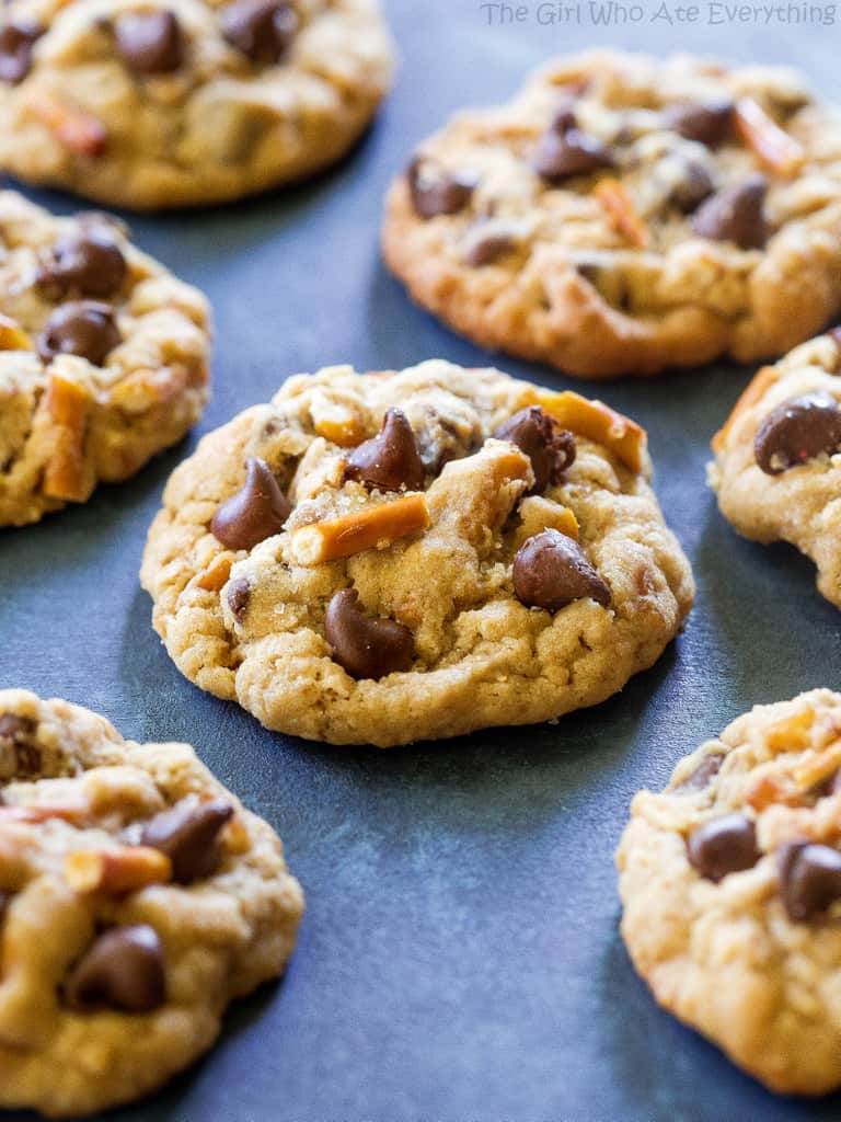 Salted Peanut Butter Pretzel Chocolate Chip Cookies on a plate