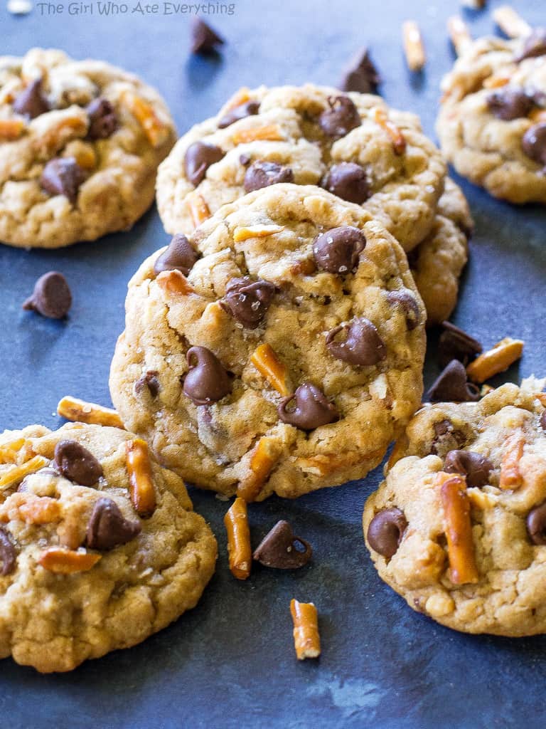 Salted Peanut Butter Pretzel Chocolate Chip Cookies on a plate