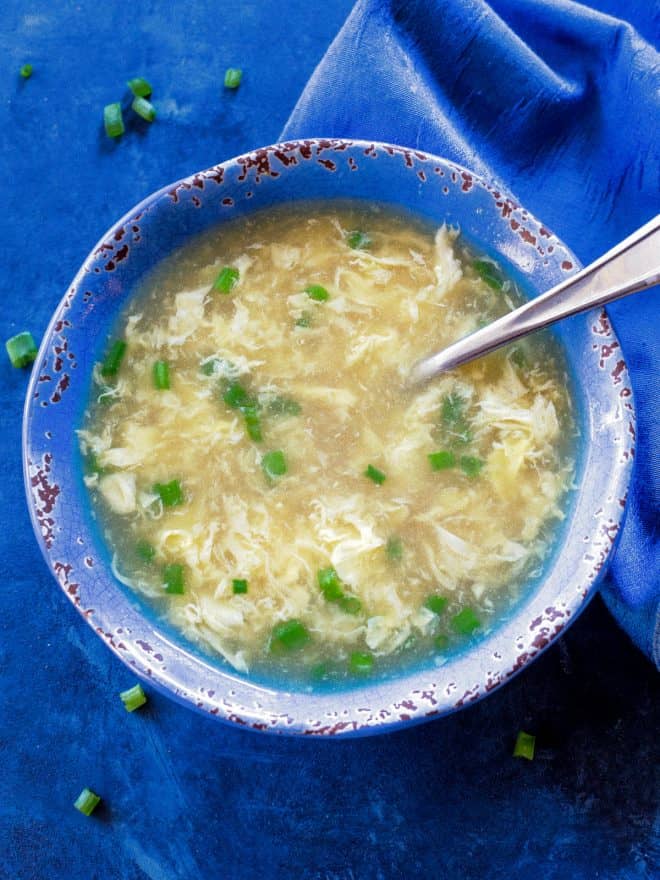 Egg Drop Soup in a blue bowl