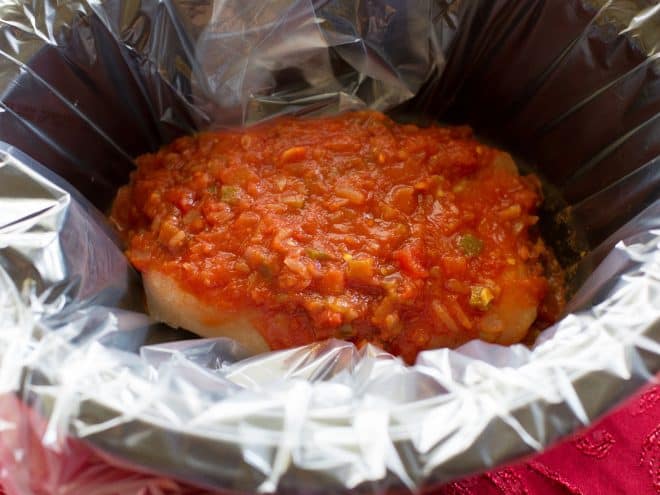 salsa poured over chicken
