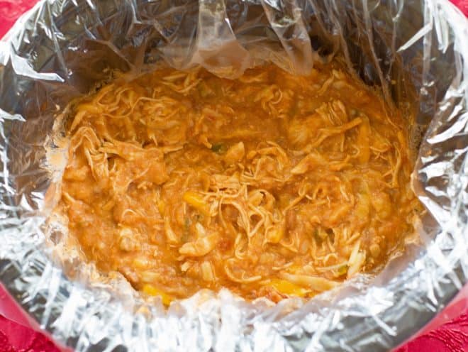 Cheesy Bean Salsa Chicken in a slow cooker