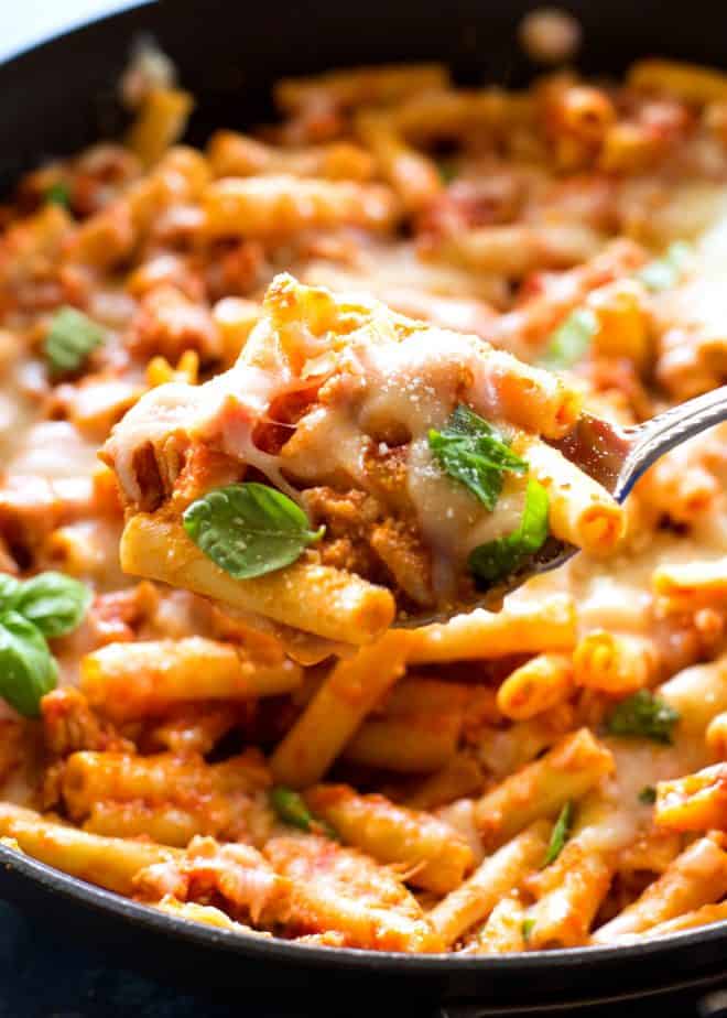 Spoon of chicken pasta