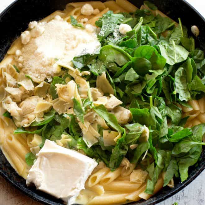 spinach, artichokes, cream cheese, pasta
