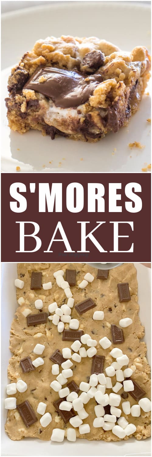 This S'mores Bake is a graham cracker dough dotted with chocolate chips, marshmallows, and your classic Hershey's on top. #smores #bake #dessert
