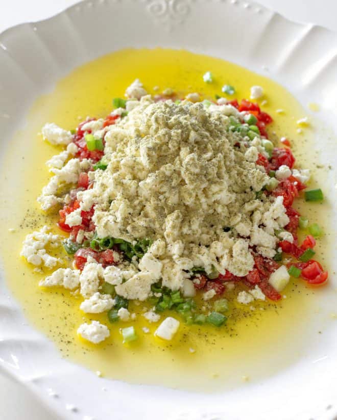 olive oil, tomatoes, green onions, feta