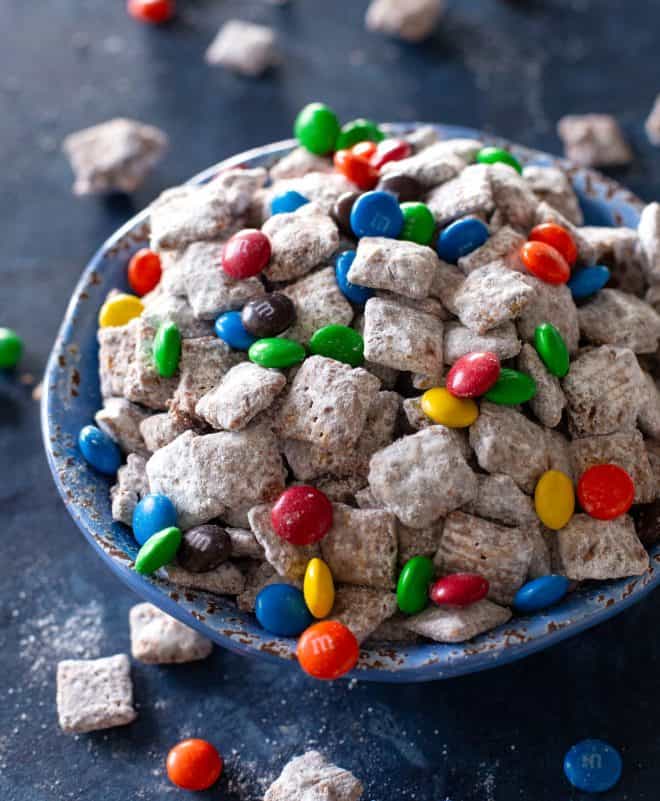 muddy buddies with m&ms