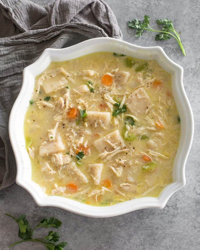 chicken and broth in a bowl
