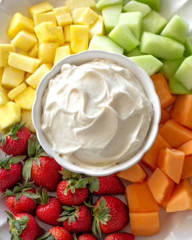 strawberries, pineapple, canteloupe, honey dew with cream dip.