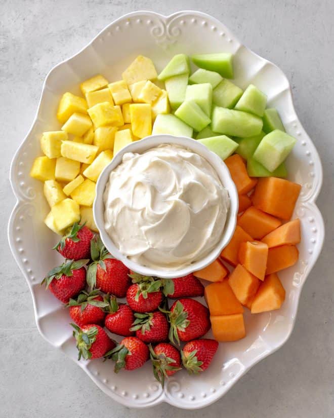 strawberries, pineapple, canteloupe, honey dew with cream dip.