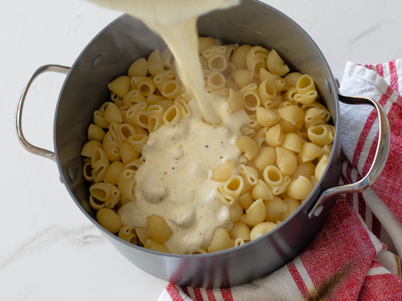 cooked pasta with alfredo sauce