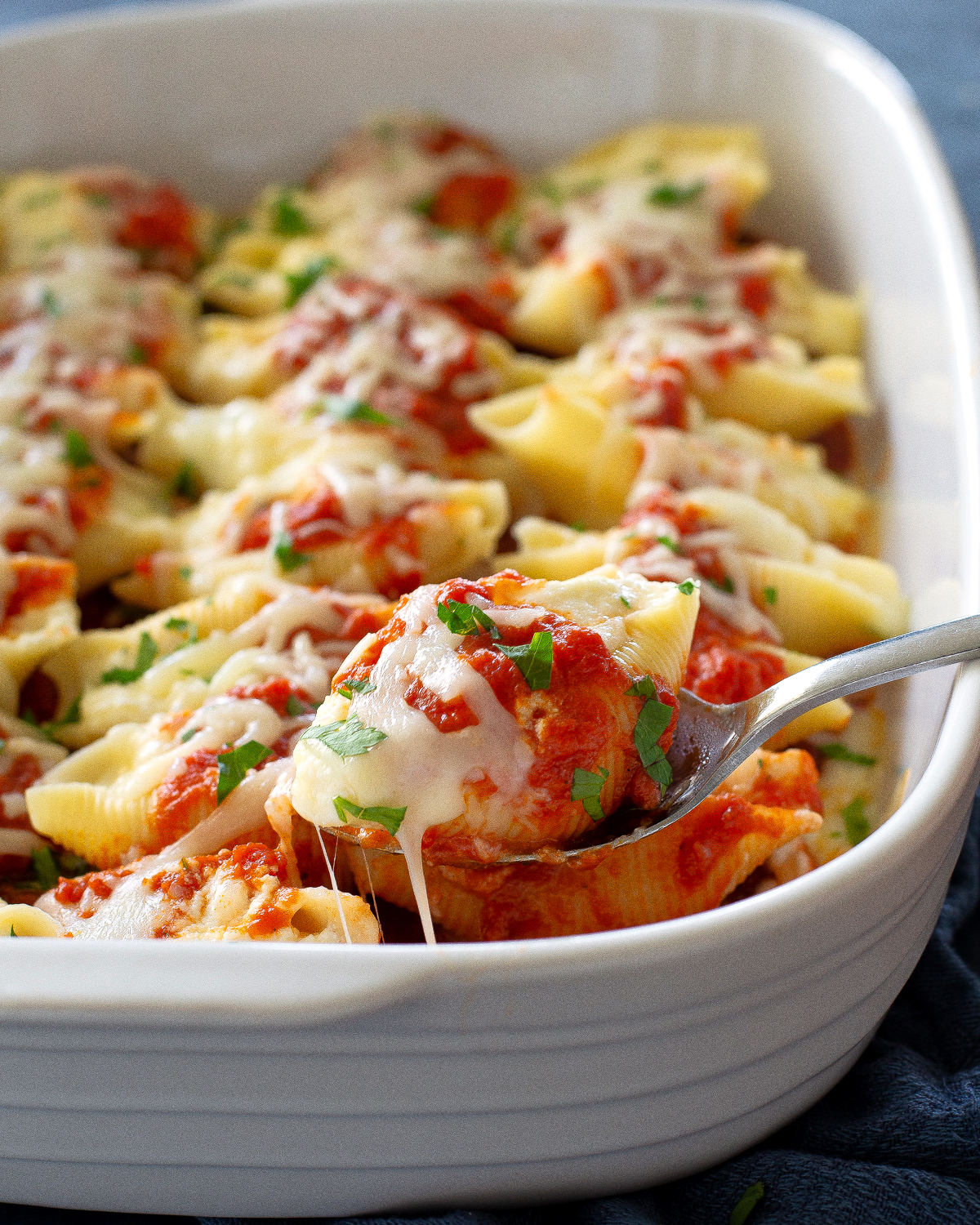 stuffed shells with marinara on top
