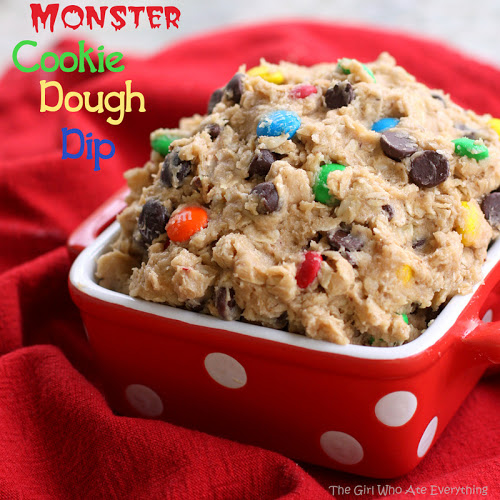 This Monster Cookie Dough Dip is loaded with peanut butter, oats, M&Ms, and chocolate chips. This is one of my favorite recipes ever! #monster #cookie #dough #dip #halloween #recipe