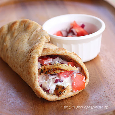 Chicken Gyros - Greek marinated chicken topped with fresh tzatziki sauce. the-girl-who-ate-everything.com
