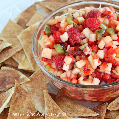 This Fruit Salsa is a sweet salsa made from diced fruit and served with cinnamon chips. This will be a hit at your baby shower or any get together. the-girl-who-ate-everything.com